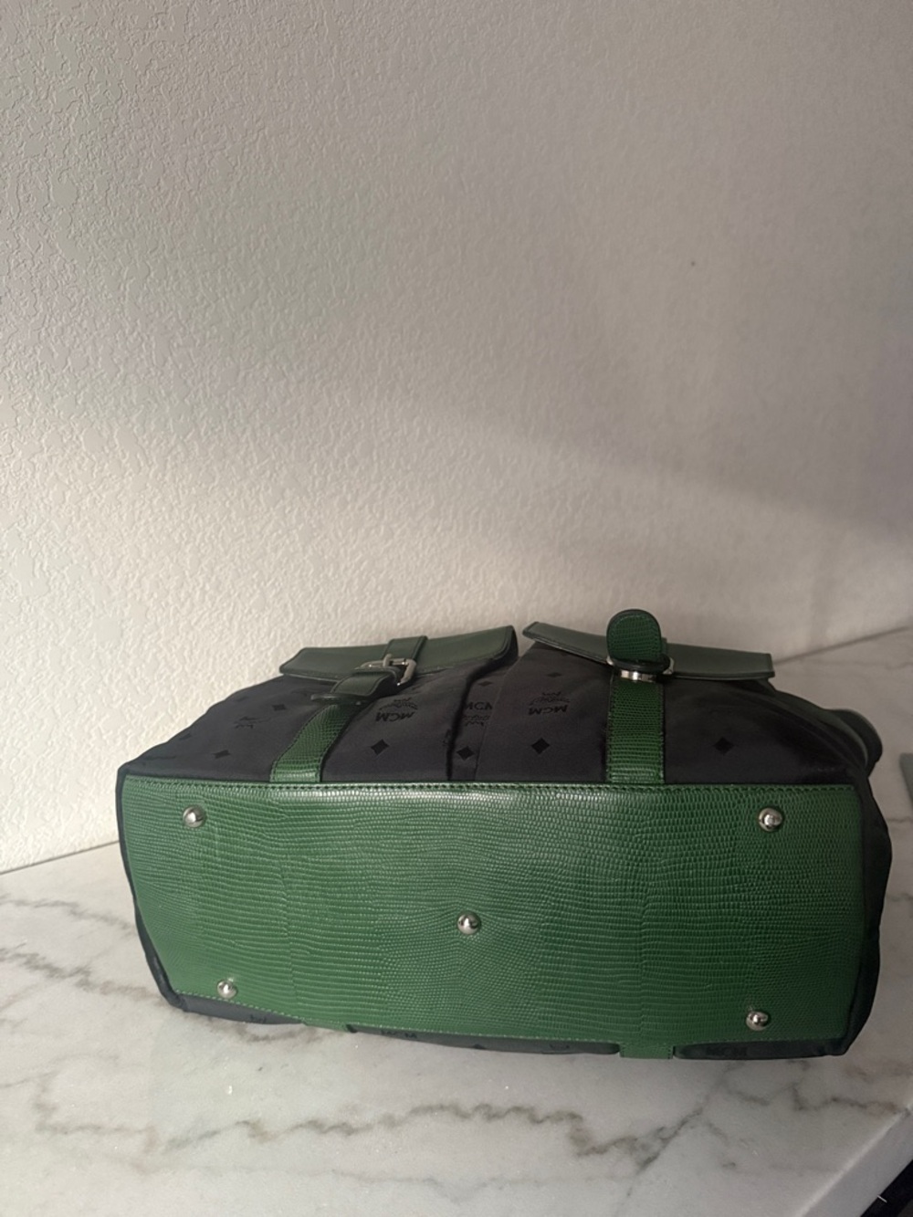 Authentic MCM Black Nylon Tote Green Lizard Embossed Leather Trim-Vintage w/COA - Picture 8 of 16